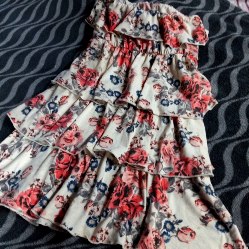 Strapless tube top with ruffles all around it all the way down.